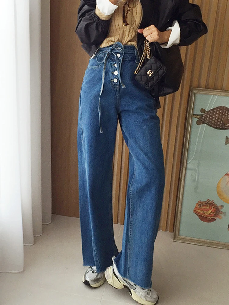 High Waist Wide Leg Straight Cut Jeans Women's Casual Versatile Single Button Spring Fashion Blue Denim Pants for Adults