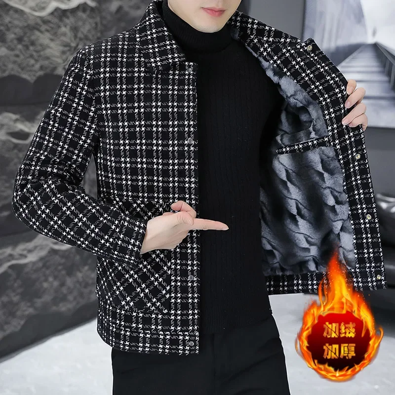 

2023 Autumn Winter Plaid Woolen Jackets Men Korean Thickened and Warm Trench Coat Casual Business Social Streetwear Overcoat