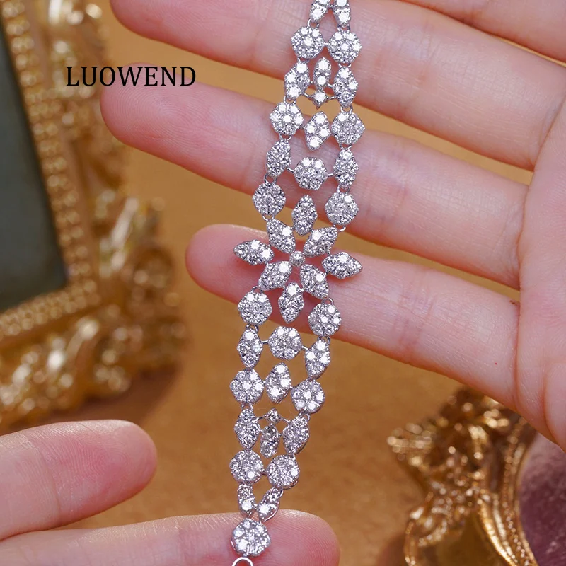 LUOWEND 100% 18K White Gold Bracelet 5.0carat Real Natural Diamond Bracelet for Women Luxury Flower Design High Engagement Party