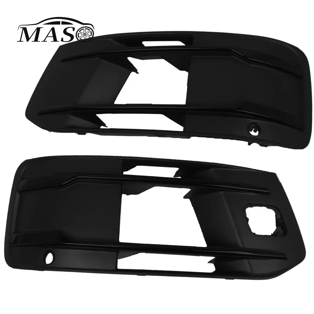 2pcs Front Bumper Lower Fog Light Cover Grills Bezel with Bright Black Strip for Audi Q7 2016 2017 2018 2019 Regular Model