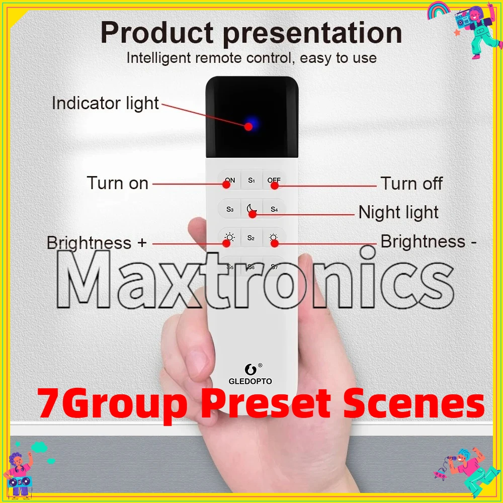 2026 GL-RC-002WL GLEDOPTO WLED Remote Control  7Group Preset Scenes ESP Now 2.4GHz WiFi 50M Distance Dimmable Brightness Adjust