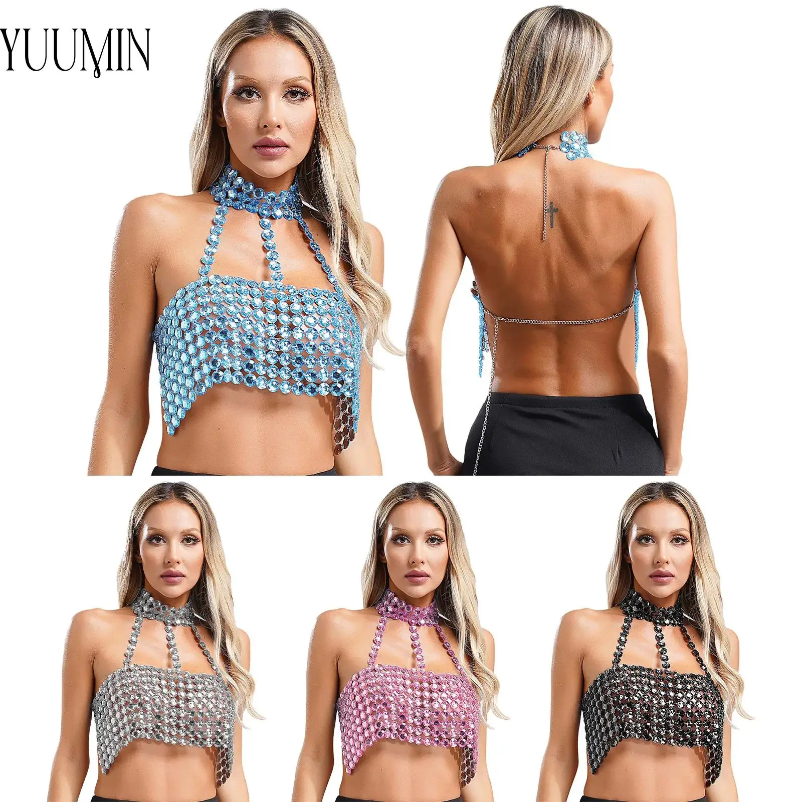 

Women Sparkly Rhinestones Crop Top Halter Party Music Festival Stage Dance Performance Backless Adjustable Metal Chain Camisole