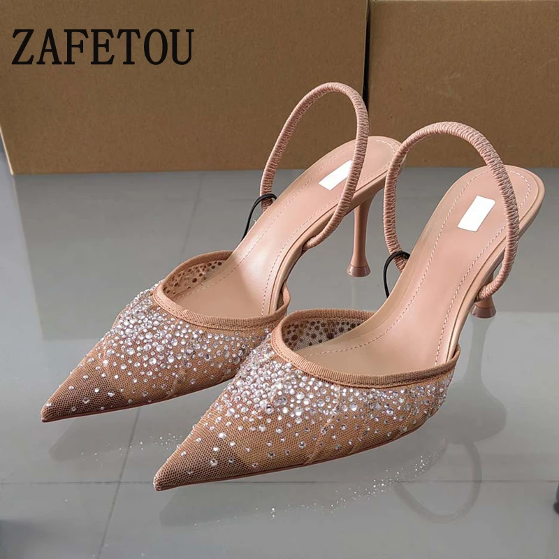 Zafetou Women's Sandals Water Diamond Bright Mesh High Heels Footwear Elegant Slingback Pointed Slip on Party Lady Shoes