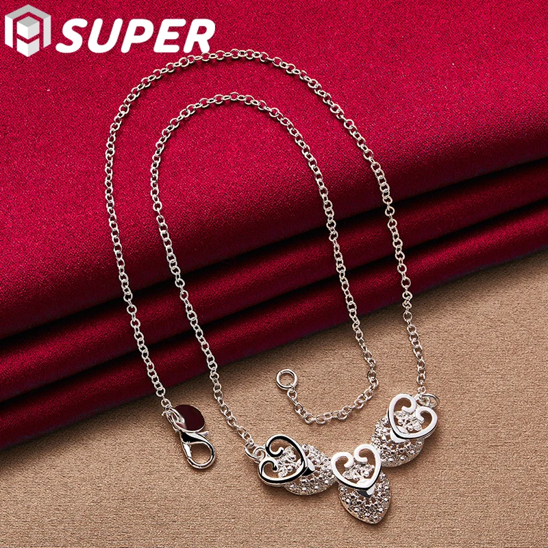 

925 Sterling Silver Three Heart Pendant Necklace Chain For Women Fashion Wedding Party Charm Jewelry