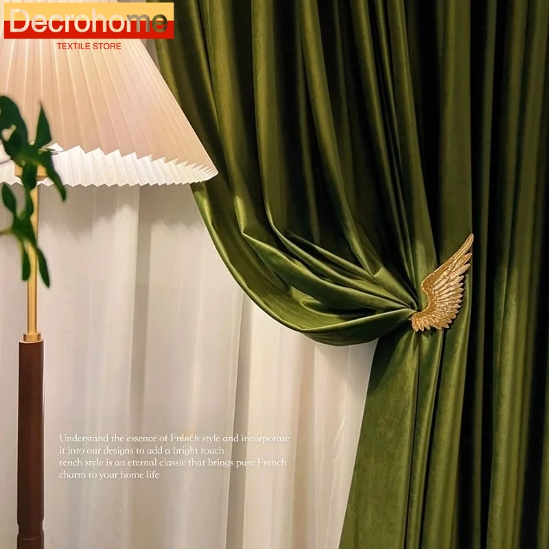 

French Retro Olive Green Velvet Blackout Curtains for Living Room Bedroom Dining Custom Size Luxury Partition Decoration Drapes