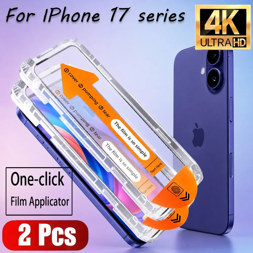 

2Pcs Full Cover Tempered Glass for iPhone 17 16 14 Pro Max 12 13 14 Pro 17e 16e Air 14 15 Plus One Click Instatllation Protector
