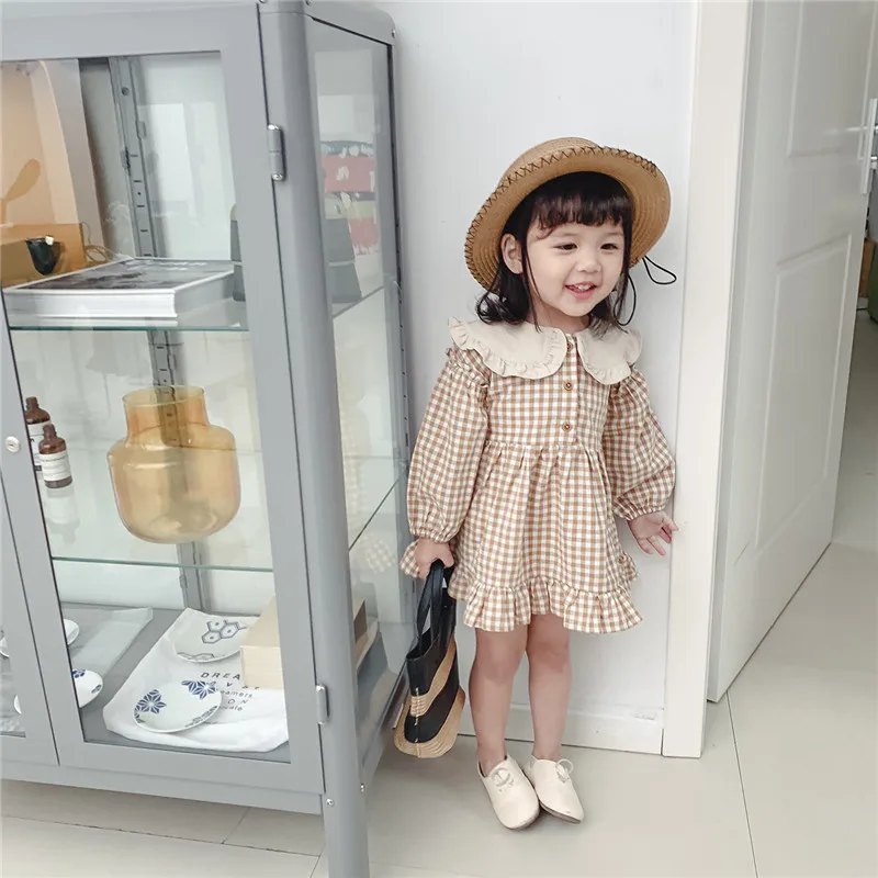 Spring Autumn Girls Clothing Cute Children Dresses Kids Baby Girl Plaid Cotton Linen Lapel Collar Dress Long Sleeve Skirt