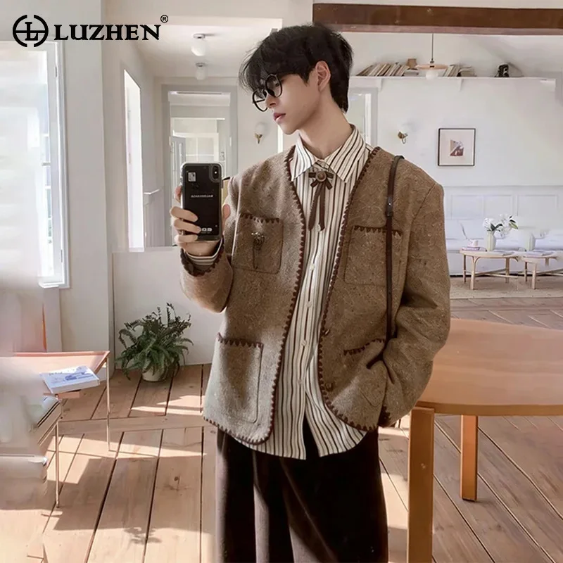 LUZHEN 2026 New Fashion High Quality Outline Embroidery Design Pockets Decorate Jacket Men's Handsome Elegant Casual Coat JY6269