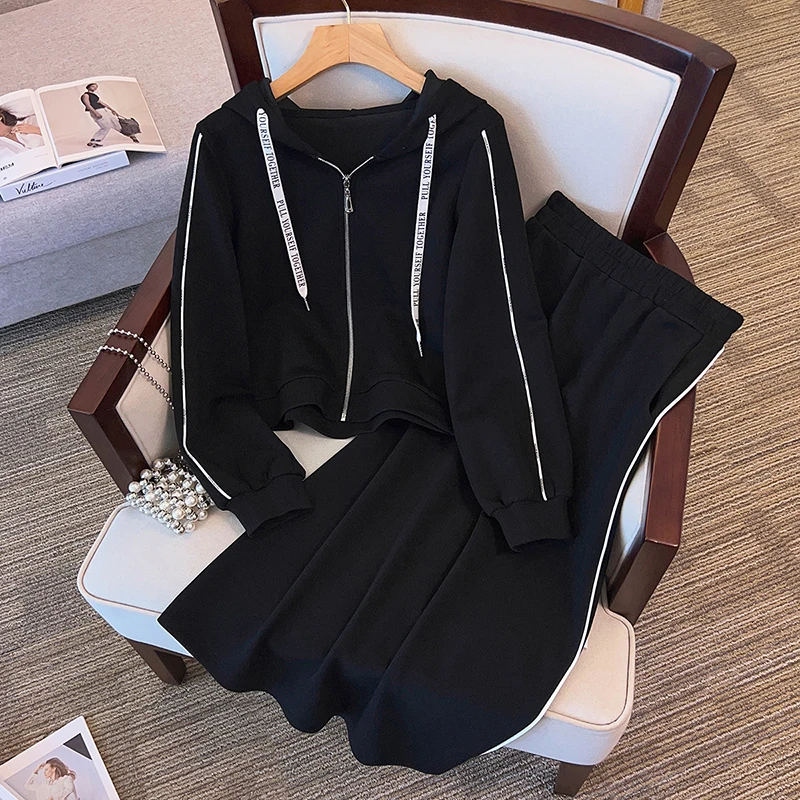 

Autumn Winter Cotton Two-piece Set For Women 2023 Hooded Jacket Tops And Skirt Female L-4XL Party Casual Black Pink Sport Suits