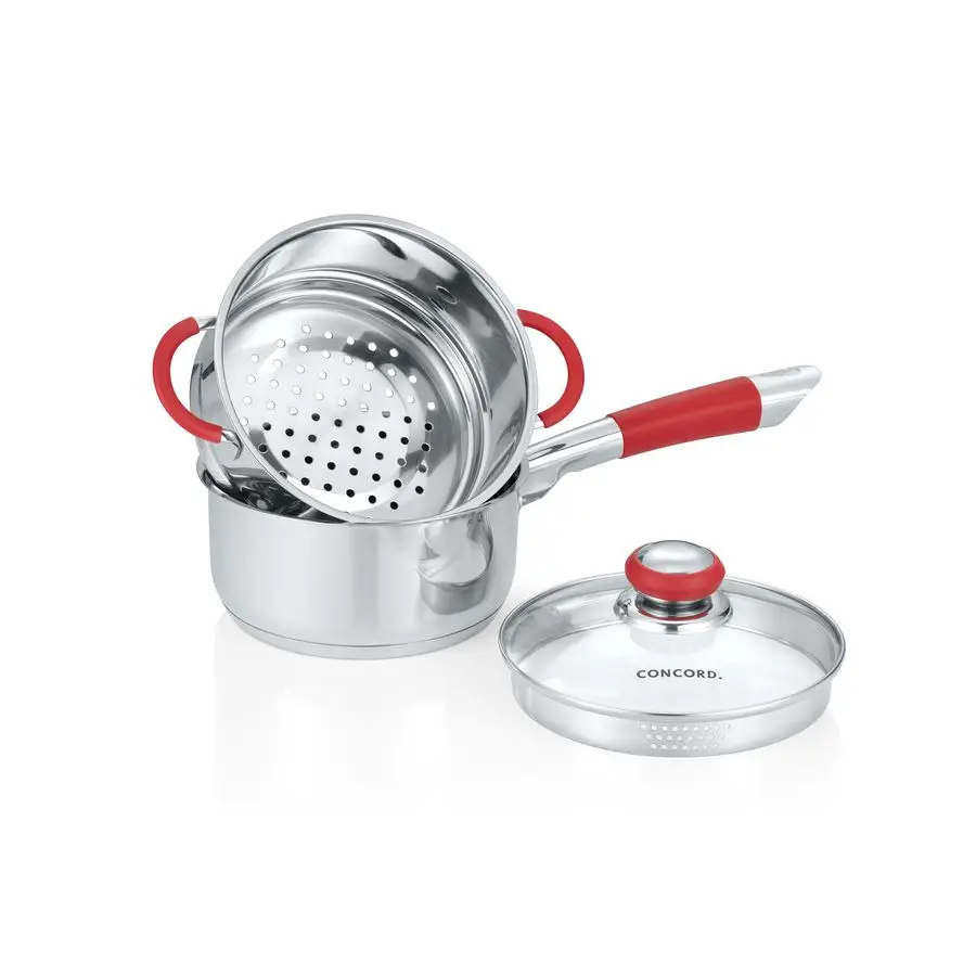 

Stainless Steel SIMPLE POUR Saucepan with Steamer Tier. Vented Glass Lid. Features Dual Pouring Spouts and Volume Marking on pot