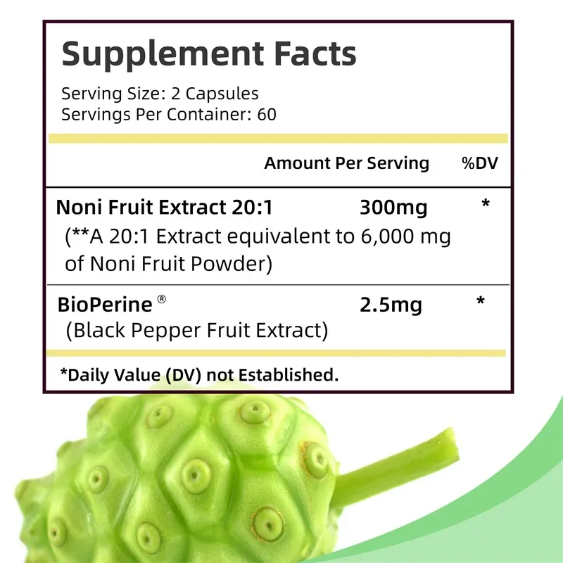 Cápsulas de frutas Noni: aumento de energía, apoya la piel, la digestión y la salud intestinal, apoyo inmunológico, antioxidante