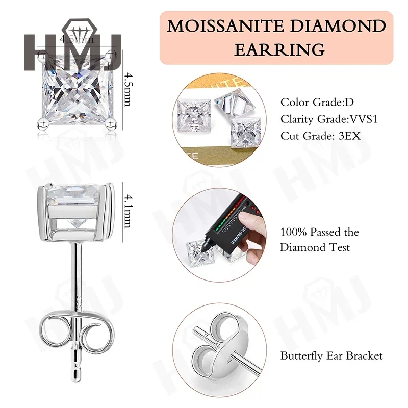 100% Real Sterling Silver Moissanite Earrings GRA D Color Stud Earringss for Mens or Women Top Quality Wedding Jewelry