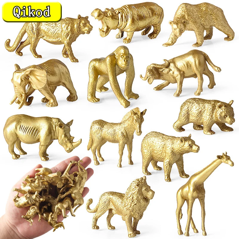 

Animal simulation model wild mini gold solid tiger lion brown bear water buffalo chimpanzee hippopotamus children's toy ornament