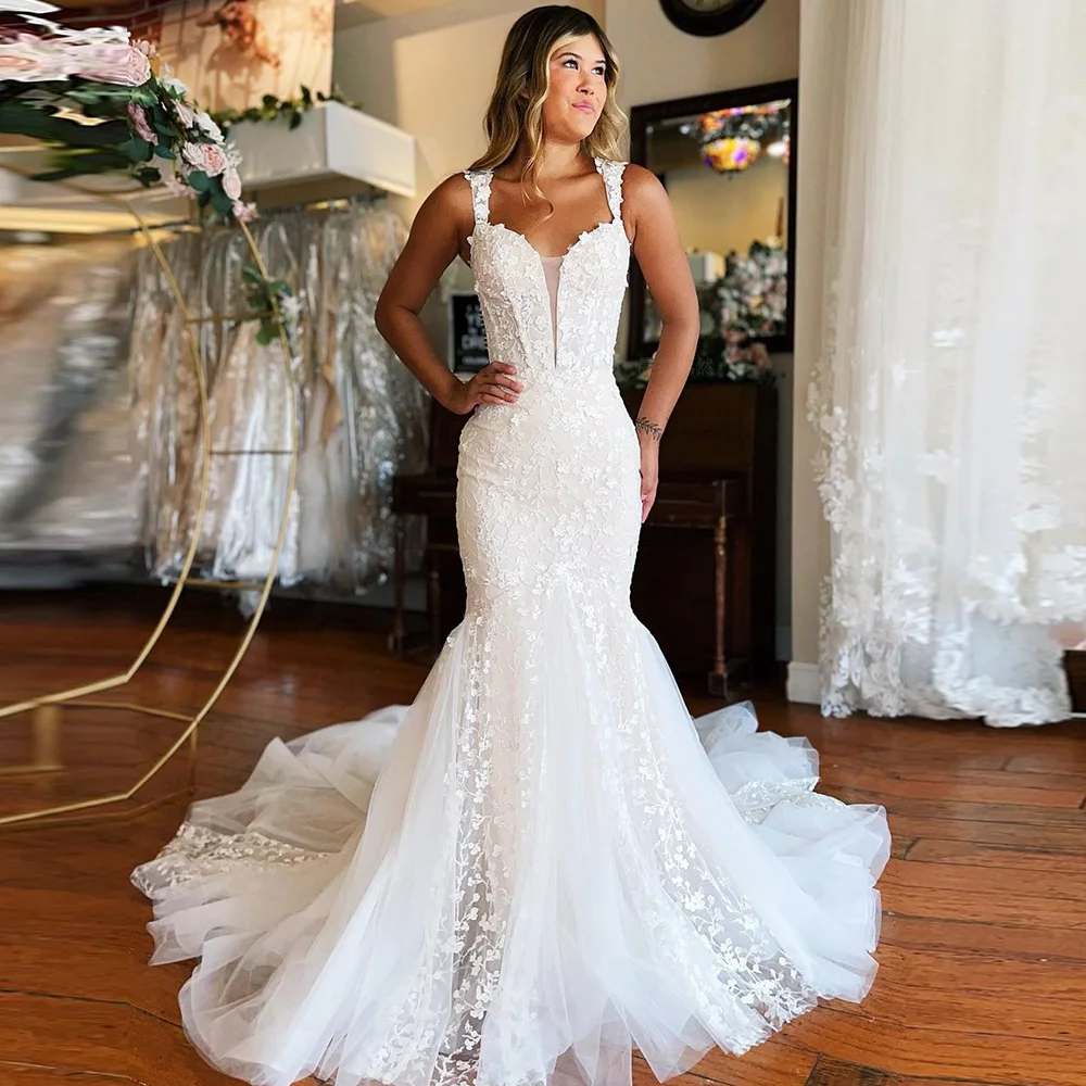 

Mermaid Wedding Dresses 2023 New V-Neck Spaghetti Strap Long Bride Dress Lace Tulle Sweep Train Zipper Ivory Elegant Party Gowns