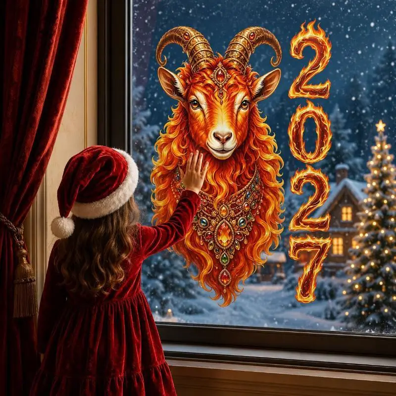 【F】2027 Year of the Sheep Decorative Glass Stickers for Window Display New Year & Christmas Festive Adhesive Decorations