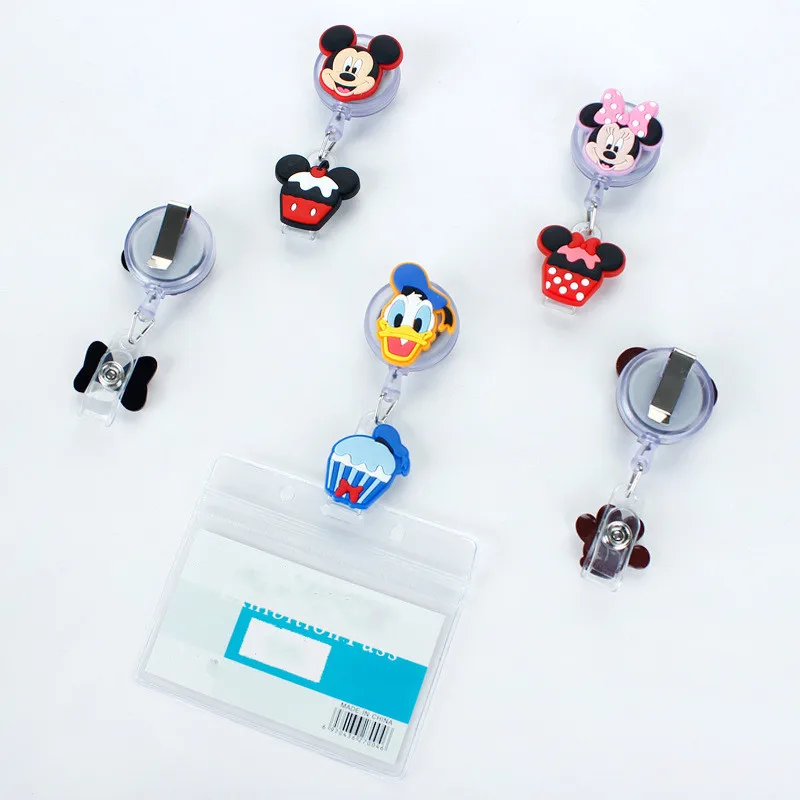 Disney Anime Mickey Mouse Easy Pull Buckle Kawaii Minnie Retractable Buckle Chest Card Protective Sleeve Work Card Clip