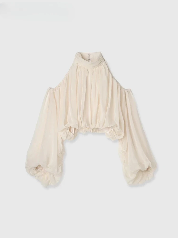 Japanese Style High Neck Off-Shoulder Chiffon Short Long Sleeve Top Sweet Loose Women's Solid Color Versatile Shirt with Ribbon