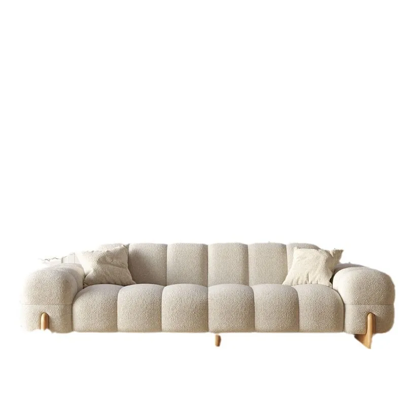 Marshmallow Lamb Fleece Cream Wind Solid Wood Fabric Puff Sofa French Nordic Living Room Straight Row Log Wind Sofa