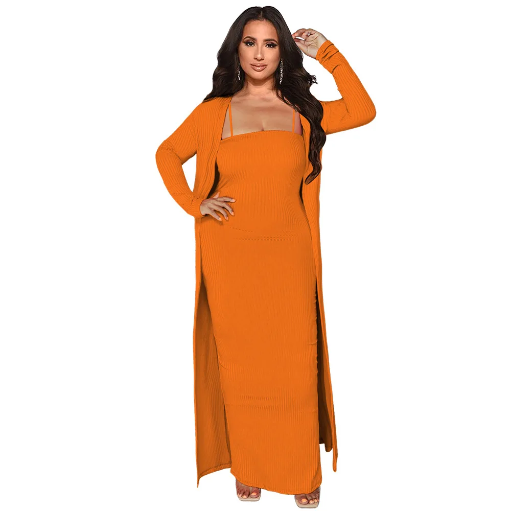 

European and American clothing autumn and winter new casual solid color suspender skirt long two-piece set Women two pieces set