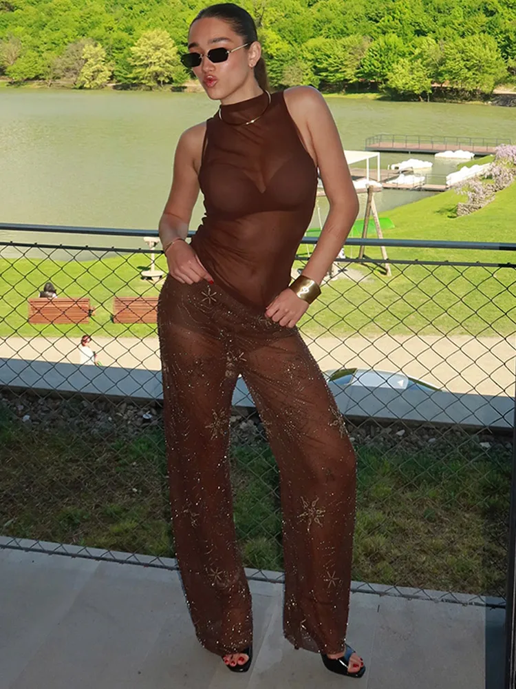 

Summer Sequin Women's Bead Long Pants Fashion Snowflake Straight Starfish Print Thin Trousers Lady High Street Y2k pants