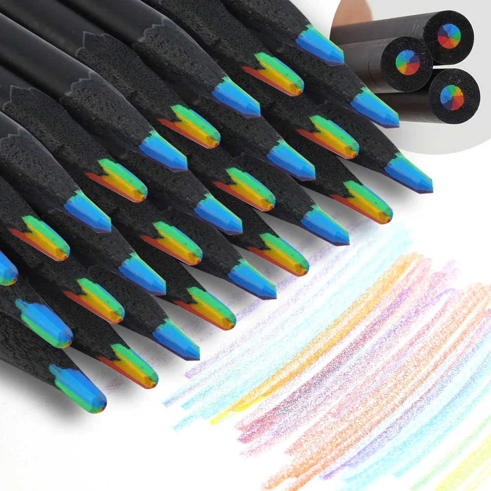 1/12Pack Rainbow Colored Pencils Multicolored 7 in 1 Black Wooden Bulk Rainbow Pencils Art Supplies Drawing Coloring Sketching