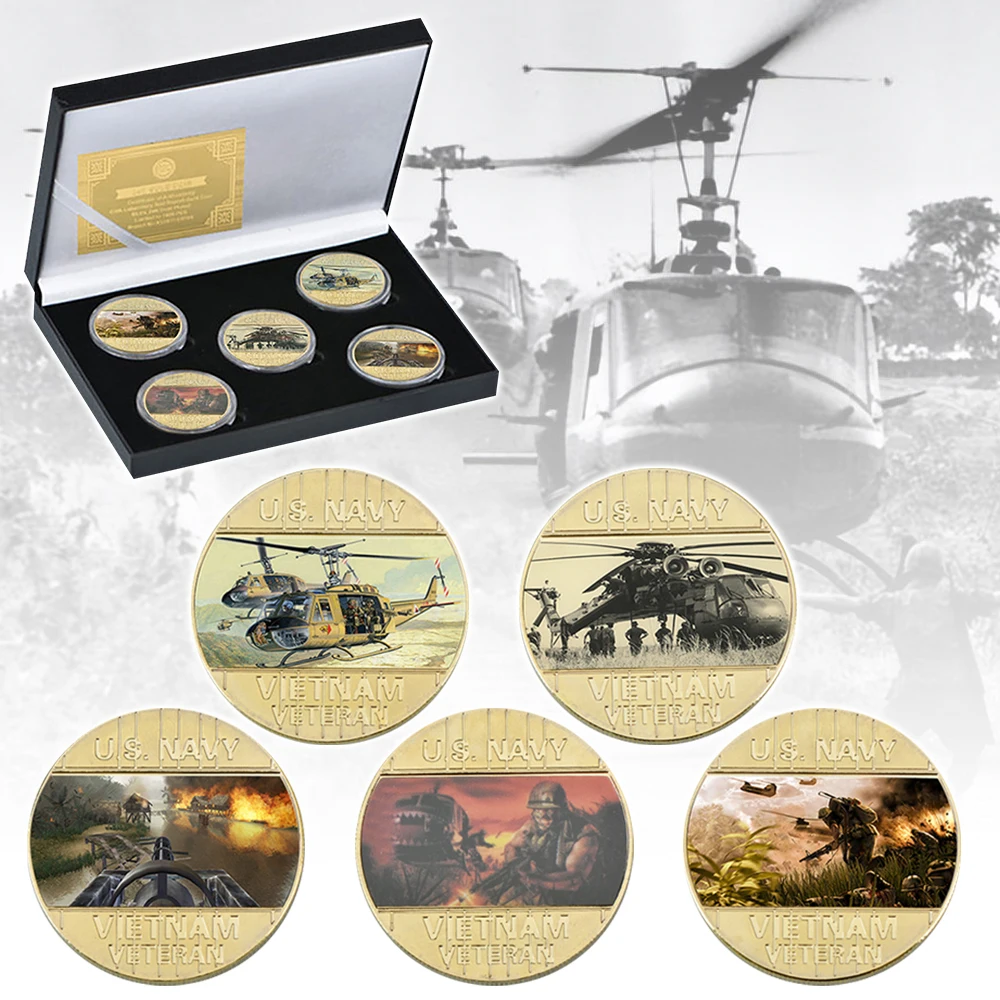 

5PCS US Vietnam War Golden Commemorative Coins Gift Box Set Military Collectible Medals Challenge Coin Army Souvenir Gifts