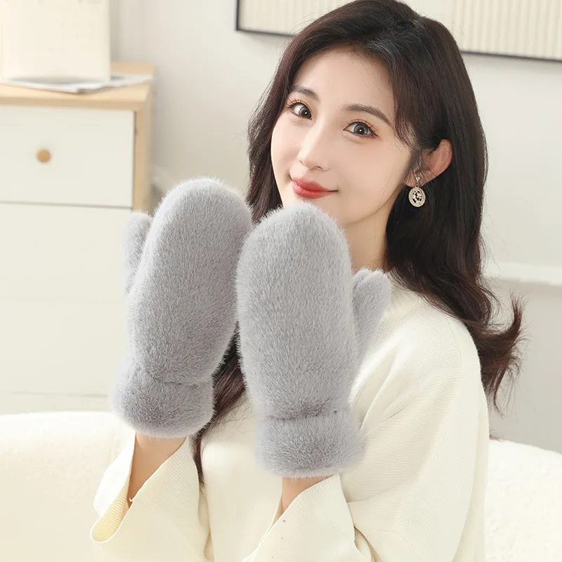 Nachahmung Kaninchen Fell Handschuhe Frauen Winter Handschuhe Winddicht Plüsch Dicke Warme Plus Kaschmir Handschuhe Weiche Volle Finger Fäustlinge Handschuhe – Detail 3