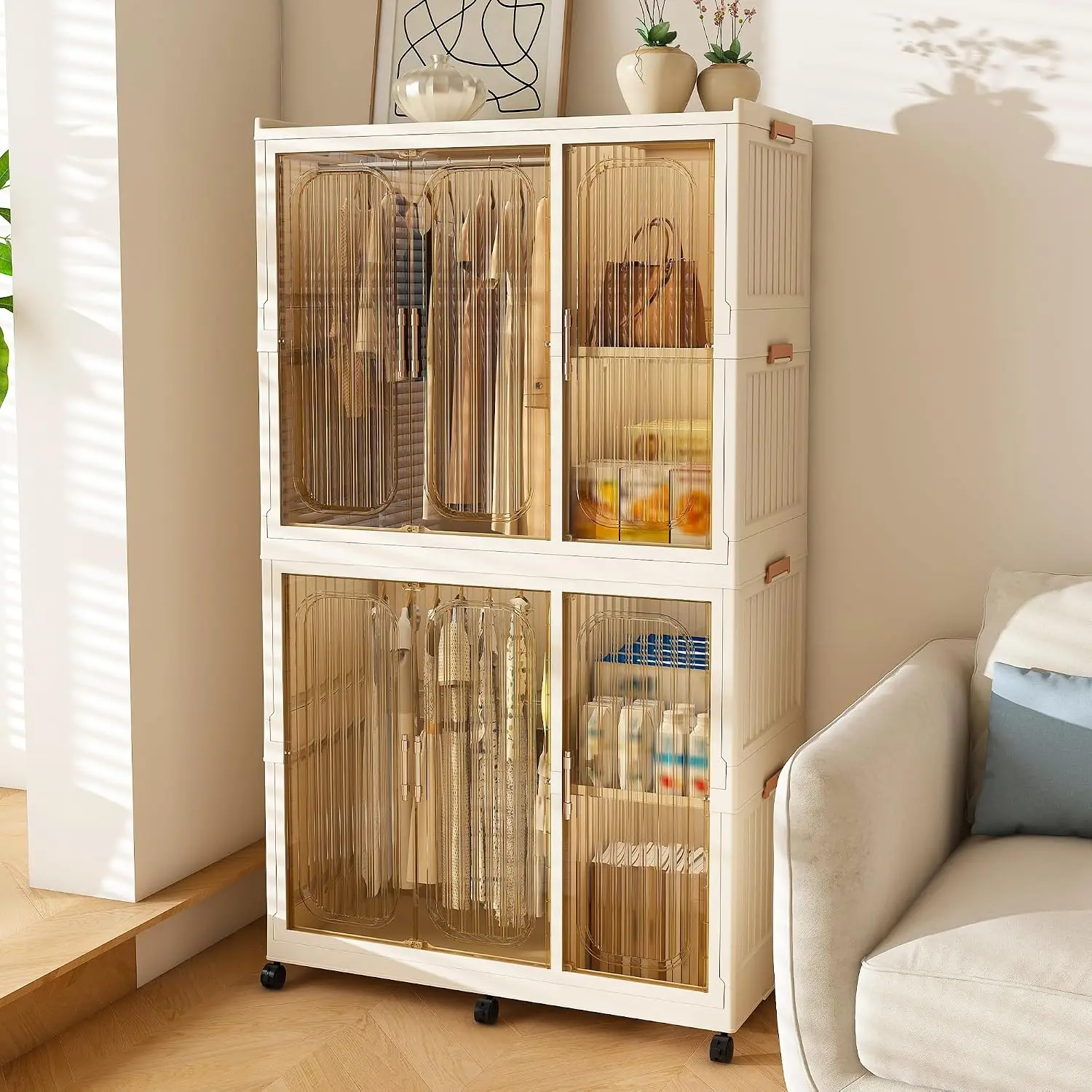Portable Wardrobe Closet Storage Organizer for Clothes, Large Collapsible Plastic Wardrobe with Wheels, Foldable Clothes Storage view 4