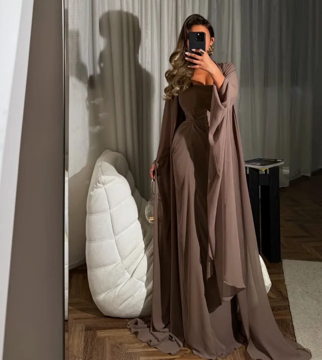 تخصيص عالية الجودة سستة طول الأرض بدون حمالات سويب تراين التجاعيد ألف خط المرأة براون رداء بلانش مارياج فستان سهرة