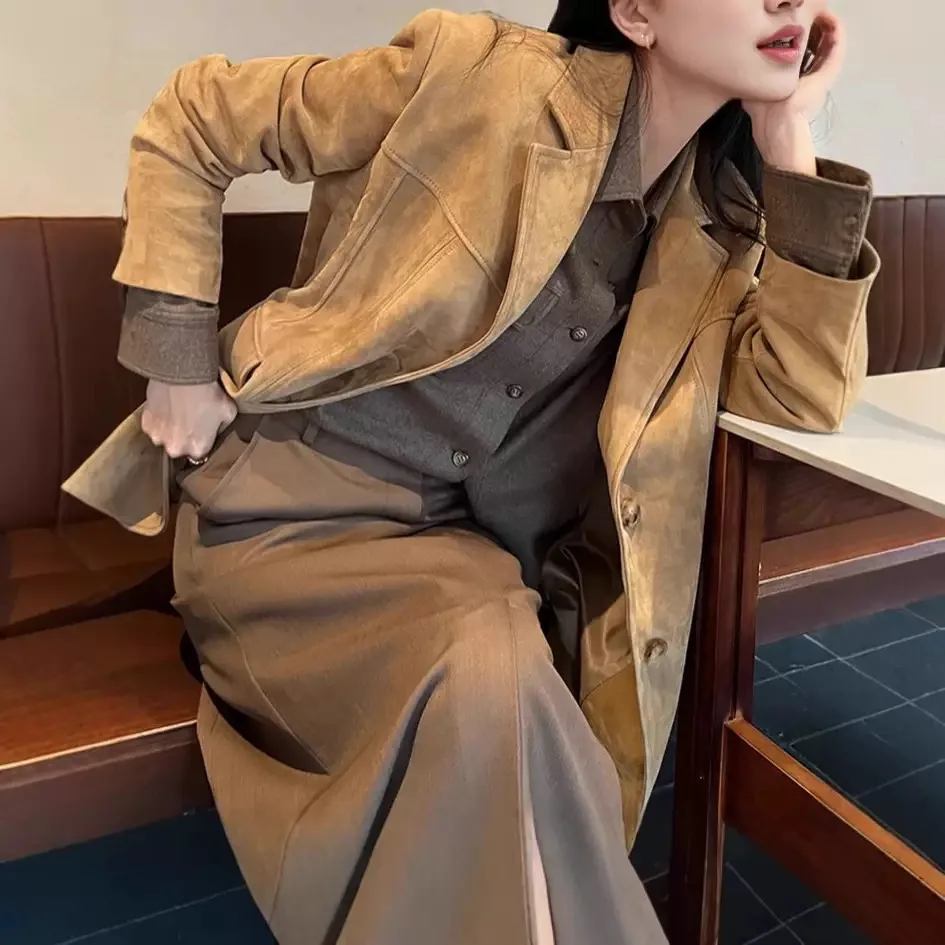Retro Nubuck Suede Leather Suit Coat Women 2025 Autumn Winter Genuine Cow Suede Jacket Vintage Coffee Oversized Jacket Outwear