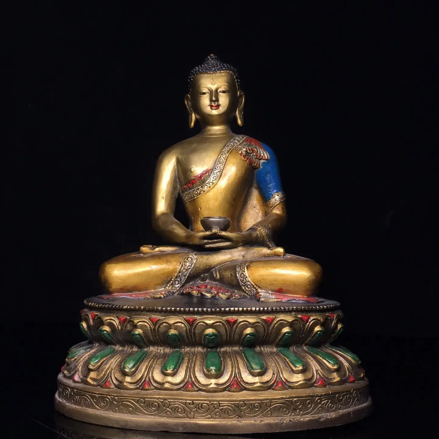 

11"Tibetan Temple Collection Old Bronze Painted Amitabha Da Ri Tathagata Buddha Double Lotus Platform Worship Hall Town house