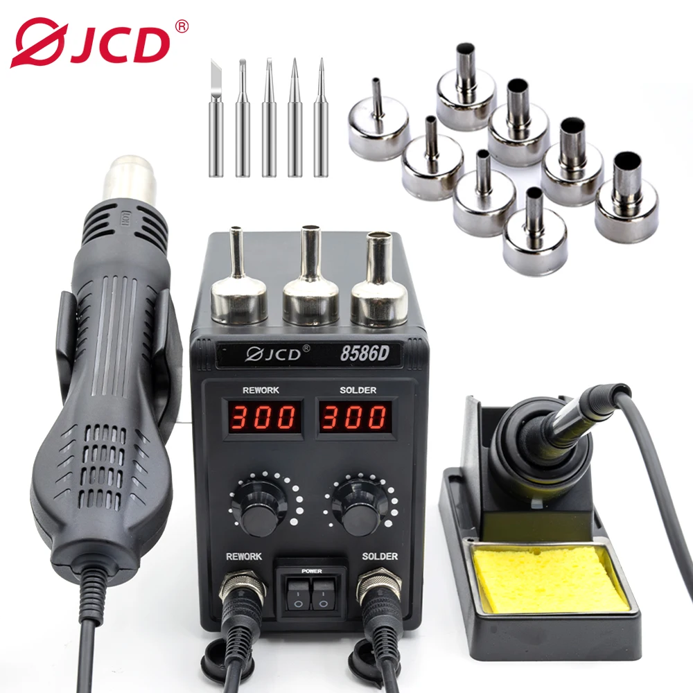 

JCD LED Digital Soldering Station 8586D Hot Air Gun Rework Station Electric Soldering Iron For Phone PCB IC SMD BGA Welding