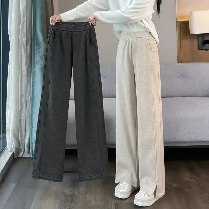 ウールとフランネルの厚いワイドレッグパンツ女性プラスサイズ秋と冬のヘリンボーンストレートレッグカジュアルスプリットパンツ