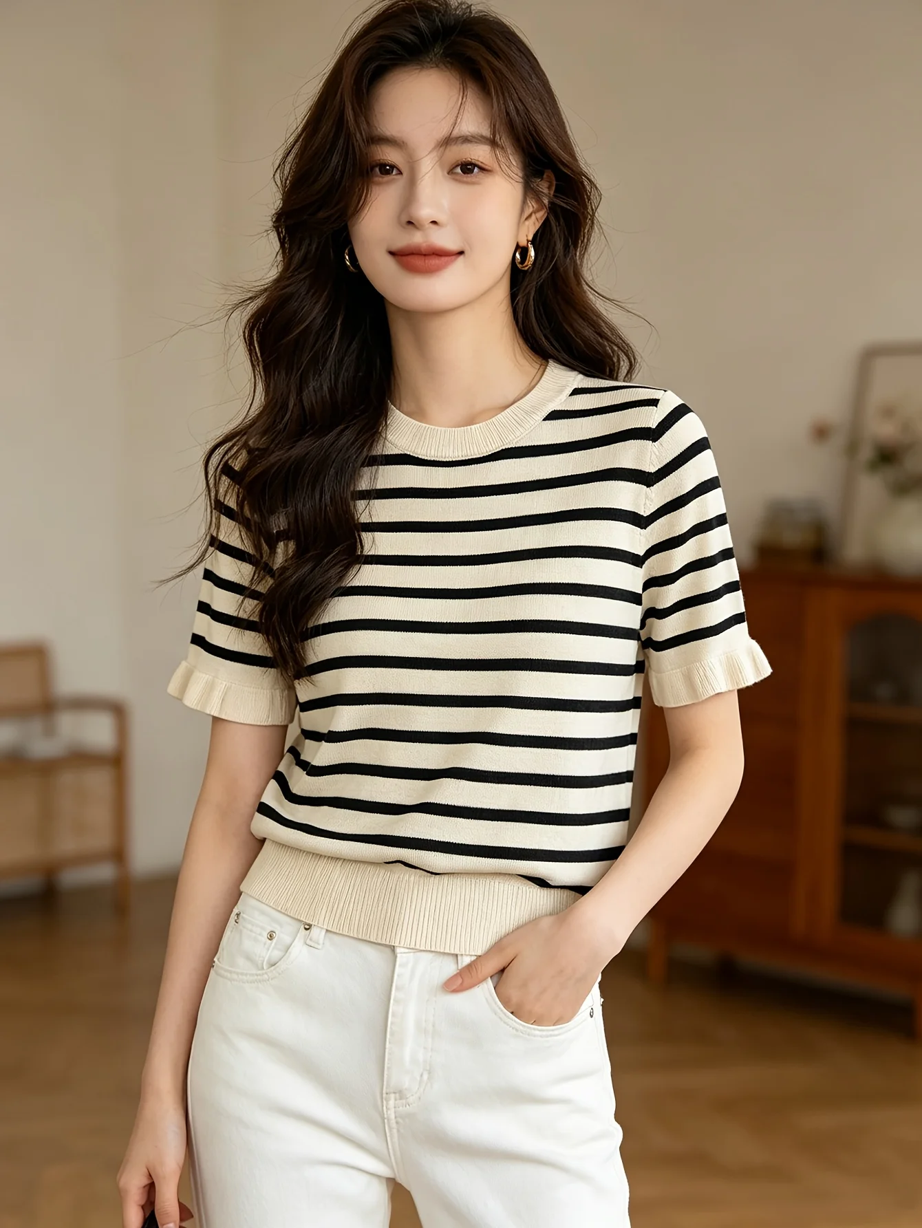 

Women's Striped Knit T-Shirt — Versatile Color-Block Style with Ruffled Sleeves; Casual Short-Sleeve Pullover Suitable for Summe