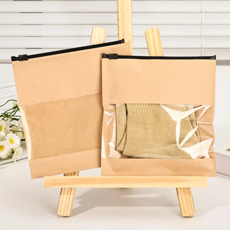 50pcs Clothing Packaging Bag Kraft Paper Clear Window Zipper Bag T-shirt Garment Socks Scarf Storage Bag Universal