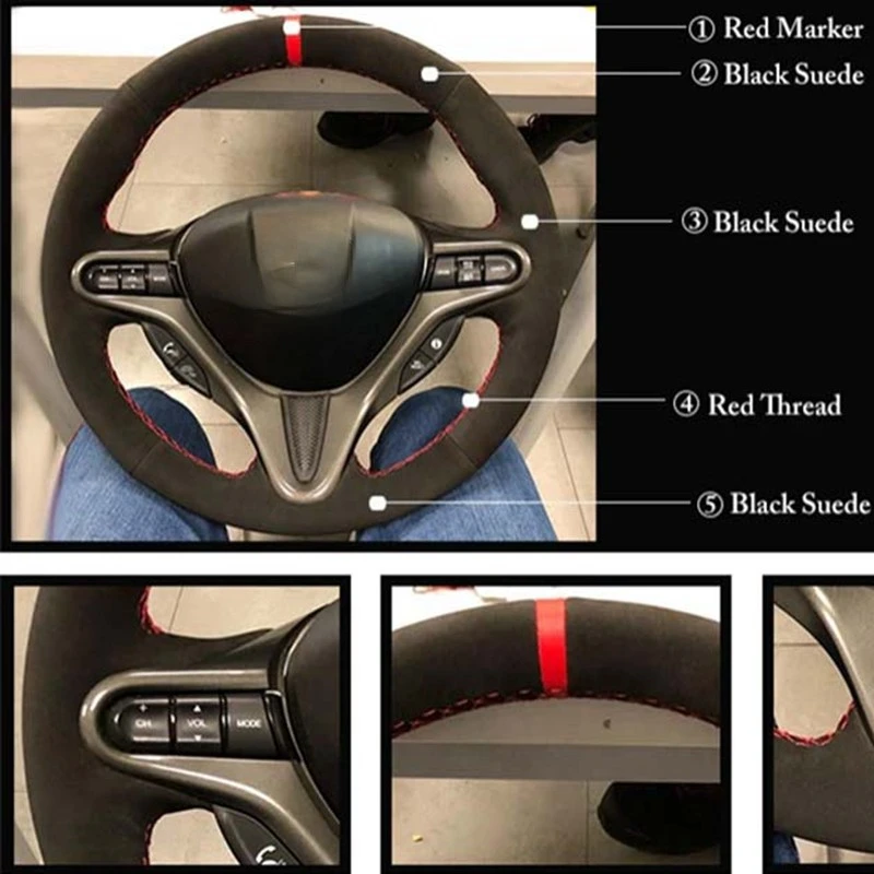 Car Steering Wheel Cover Black Suede Car Steering Wheel Covers For Honda Civic Civic 8 2006-2009 Old Civic 2004-2011 (3-Spoke)