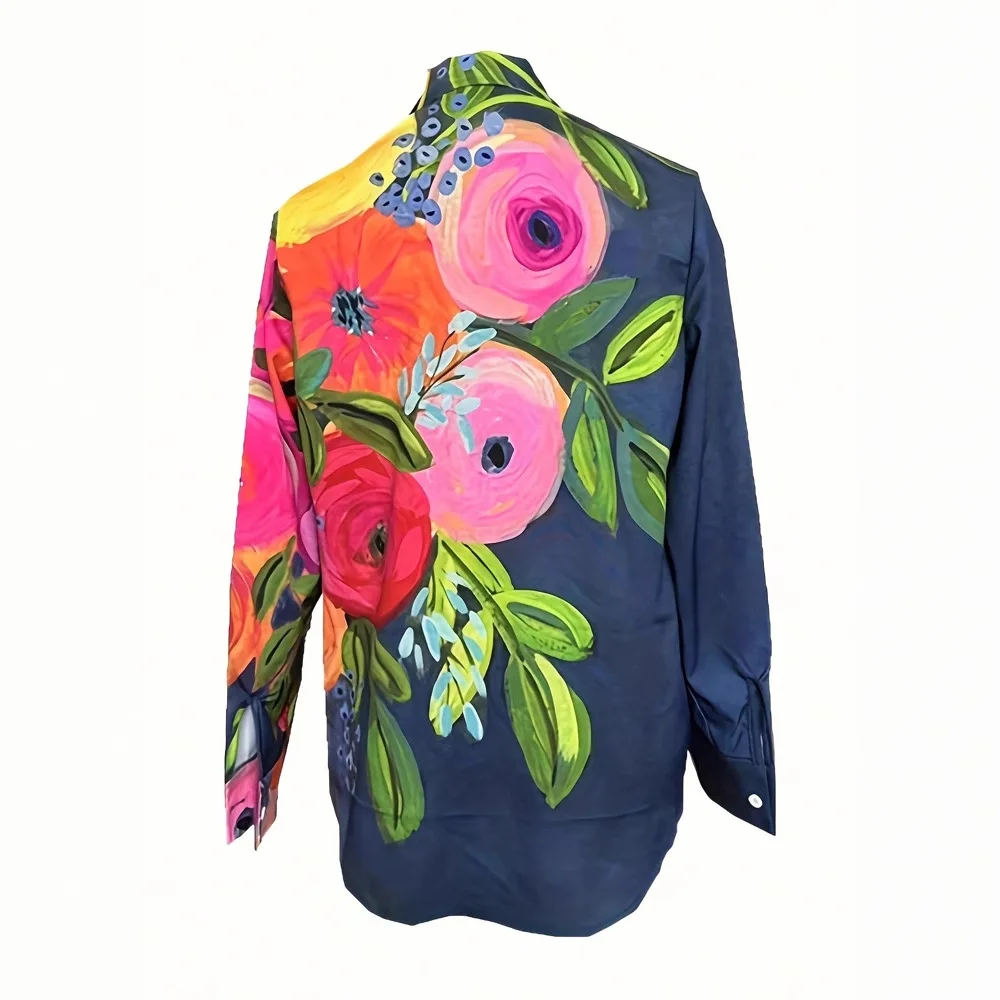 Top floreale da donna taglie forti Stile risvolto casual per la moda europea e americana primaverile e autunnale