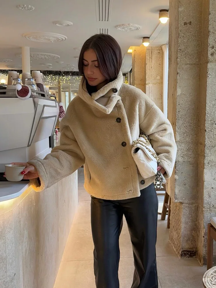 

HH Women Winter Fashion Versatile Long Sleeve Reversible Jacket Female Stand Collar Single Breasted Pocket Decorated Jacket