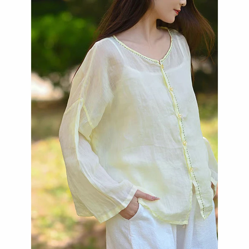 

New Spring Summer Arts Style Women O-neck Long Sleeve Loose Blouse Vintage Thin Ramie Single Breasted Shirt Good Quality JM159