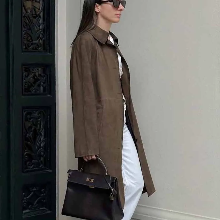 2025 Spring Summer Long Suede Jacket for Women Casual Versatile Vintage-Inspired Brown Long-Sleeve Workwear Trench Outwear