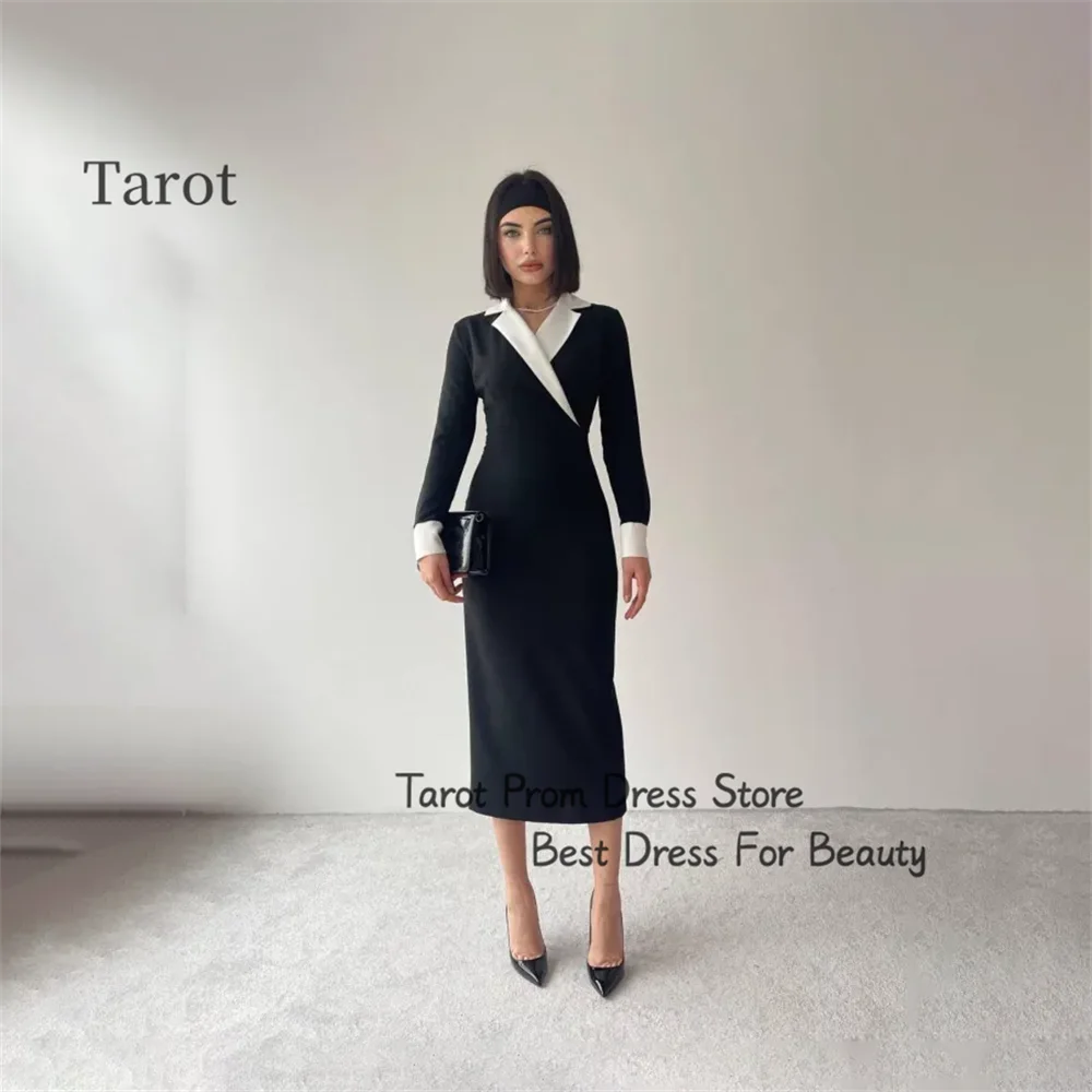 

Tarot Simple Tiered V Neckline Saudi Evening Dresses Long Sleeves A Line Tea Length Holiday Gowns Simple Prom Party Gown