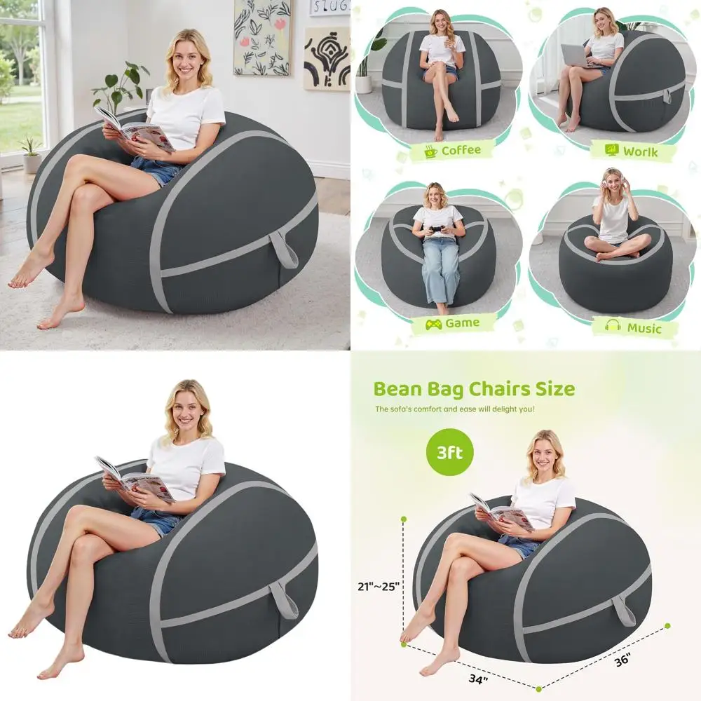 

Large 3FT Memory Foam Bean Bag Chair with Removable Cover for Living Room, Bedroom, Reading Room - Dusty Grey & Light Grey