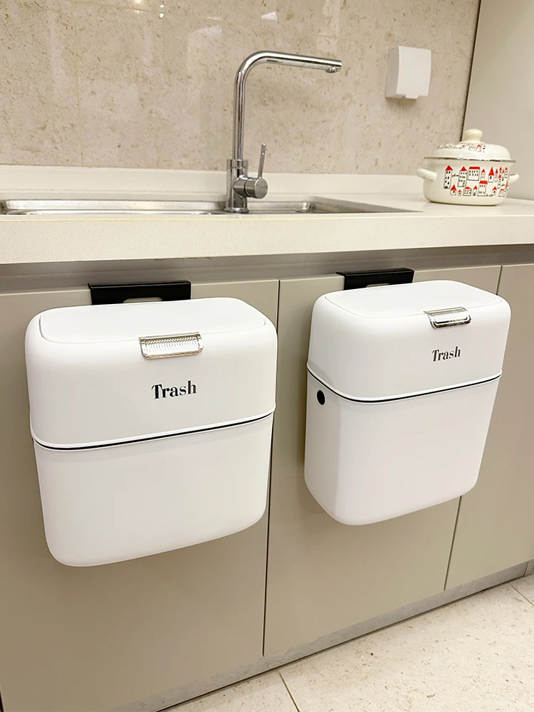 

Wall-Mounted Large Capacity Kitchen Bathroom Trash Can No Bending over Cover Household Garbage Bin Modern Style Long Cylinder