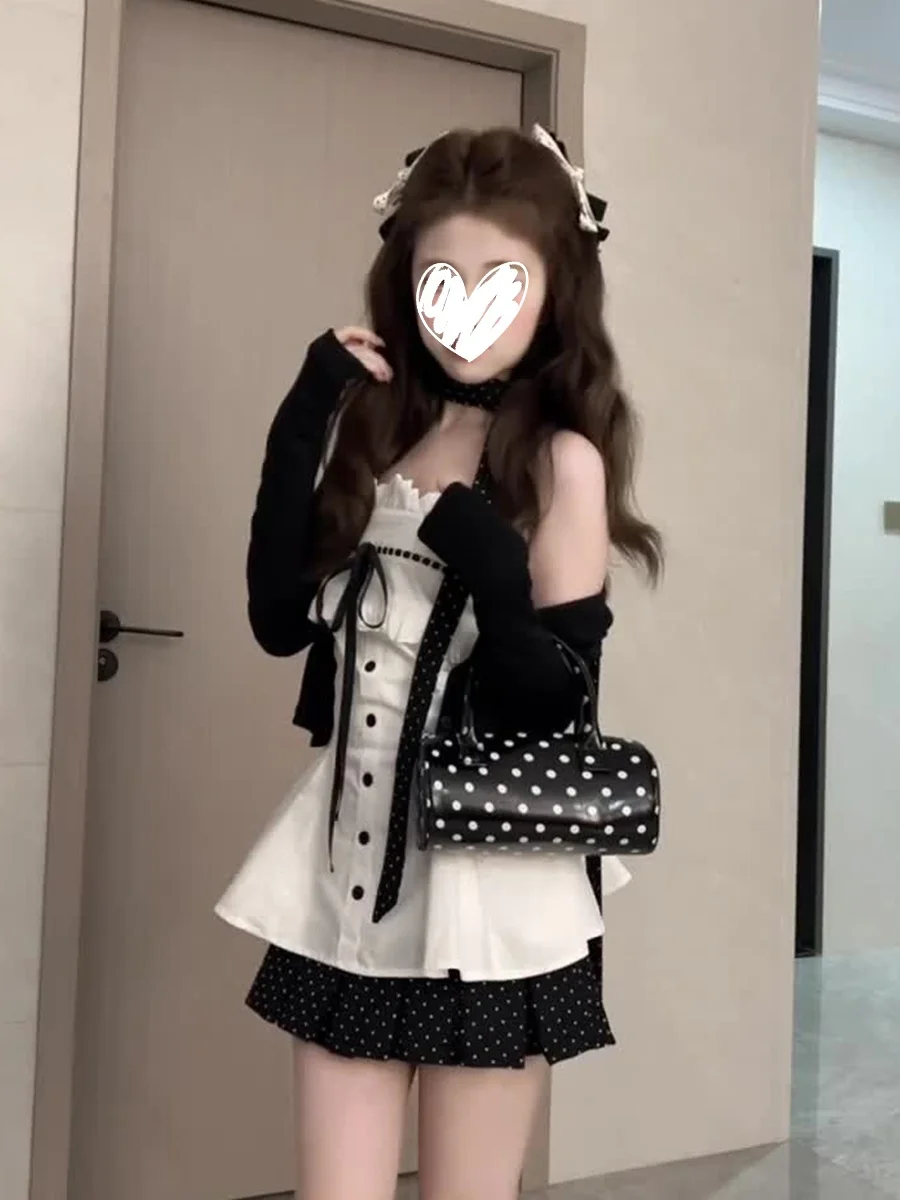 

Spring Summer Knitted Sash Open Cardigan Inner Lace Knot Strap Top Polka Dot Short Skirt Set Women's Fashion Ensemble