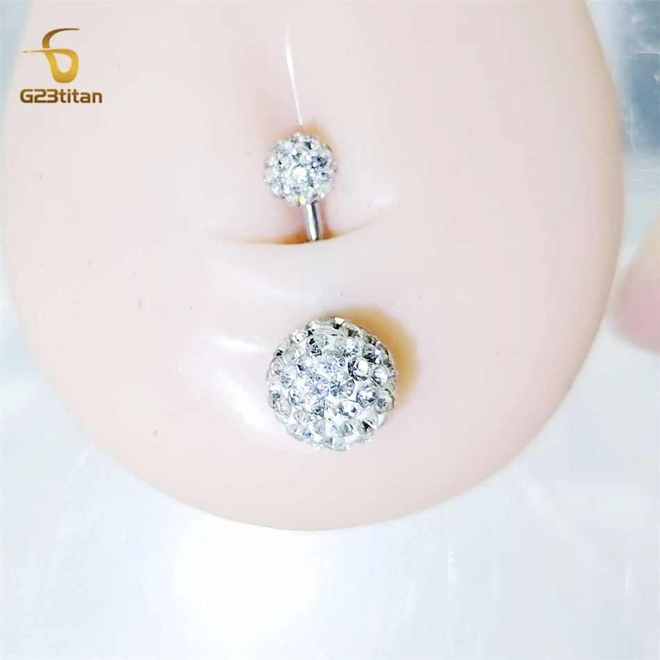 G23titan 2 Side Crystal Clay Beads Disco Ball Belly Piercings Rings 14G Titanium Bar Navel Earring Hypoallergenic Body Jewelry