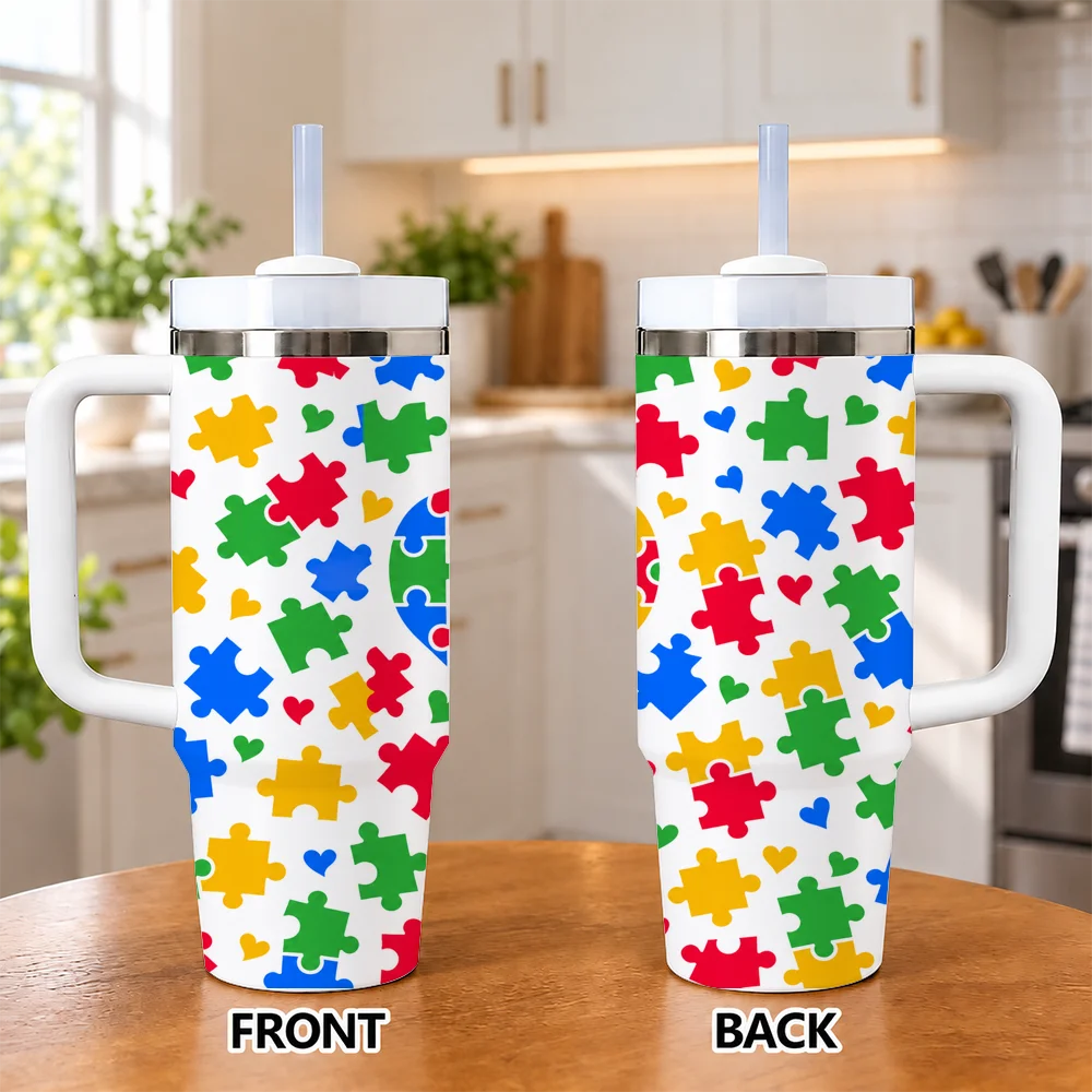 Autism Puzzle Vacuum Flasks 40oz Insulated Stainless Steel Tumbler with Handle & Straw, Hot Cold Gift Cup