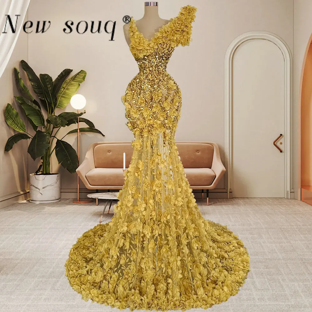 Gold Glitter 3D Floral Flowers Sequins Longos Vestidos de Noite V Neck Mermaid Party Dress Red Carpet Show Data Night Gowns Outfits