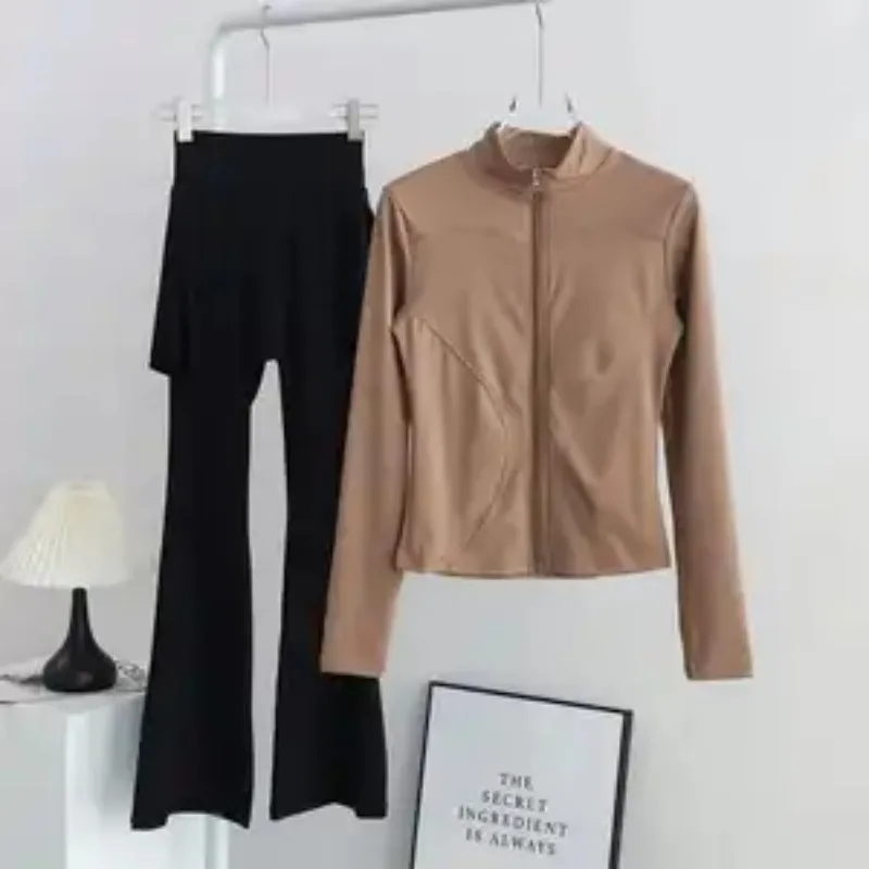 Women Slim Quick Dry Yoga Set Stand Collar Zip Up Jacket High Waist Flared Pants Fitness Pilates Running Sports Outfit