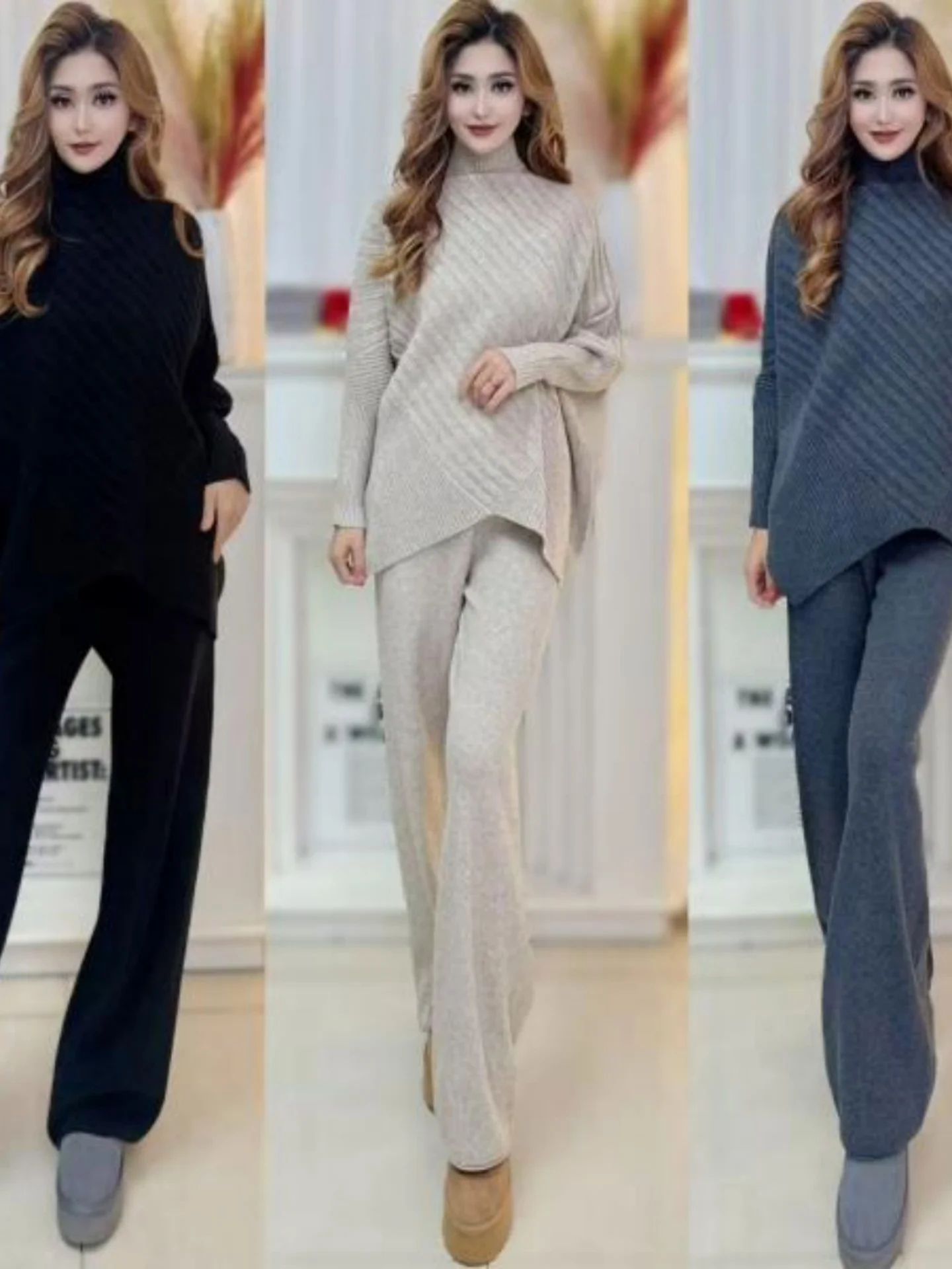 

Slim Fit High Neck Knitted Sweater And Wide Leg Pants Two Piece Set for Women Casual Style Spring Fashion plus Size Clothes