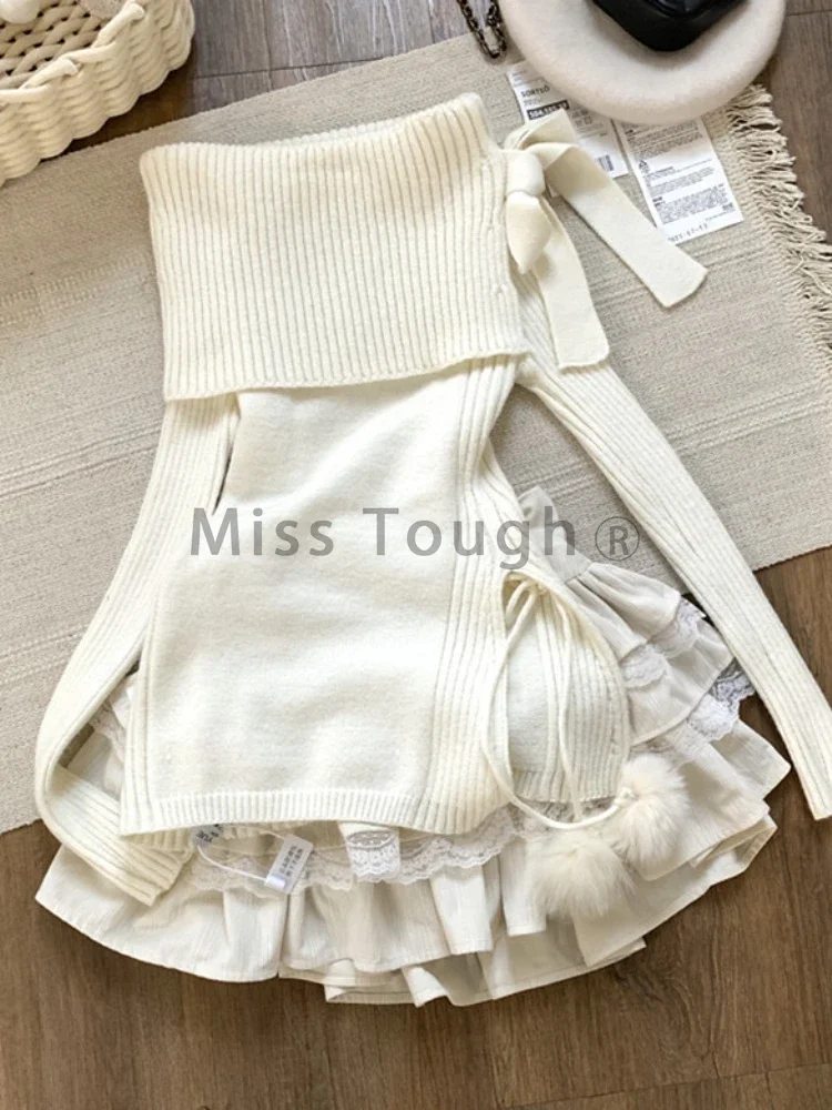 Japanese Kawaii Sweet 2 Piece Set Woman Bow Knitted Tops + Mini Cake Skirt Suit Korean Fashion Off Shoulder Casual Sets Autumn